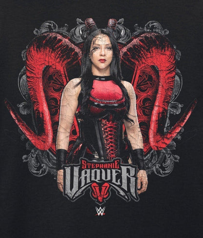 A black short-sleeve crewneck t-shirt featuring a large graphic print of WWE wrestler and the WWE logo at the bottom.
