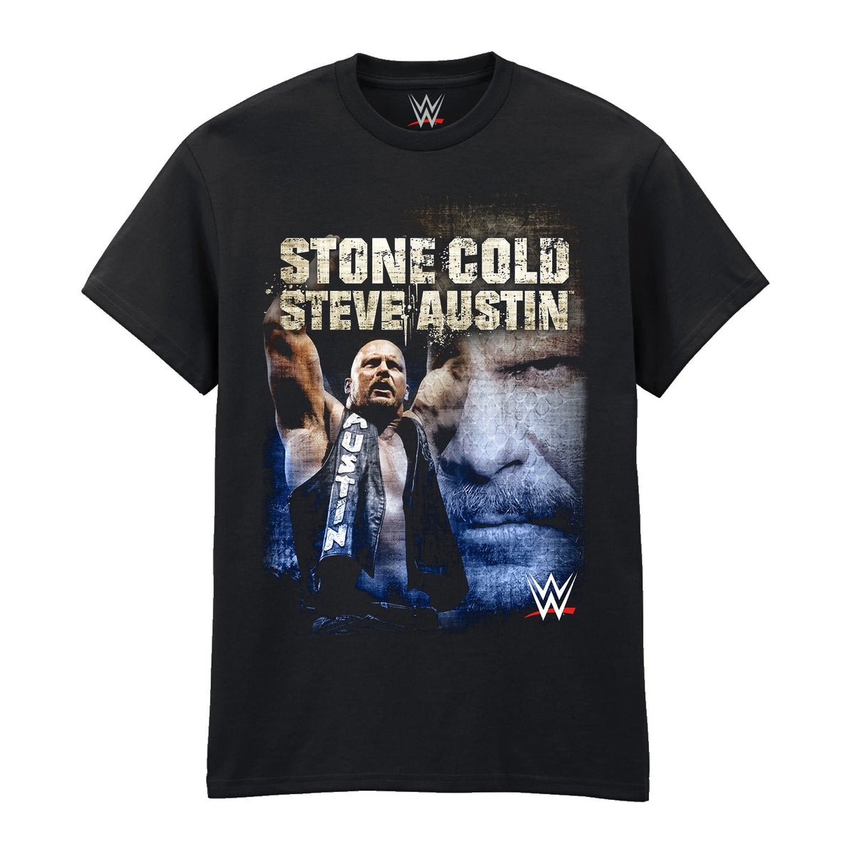 Black t-shirt with 'Stone Cold Steve Austin' graphic and WWE logo on a white background