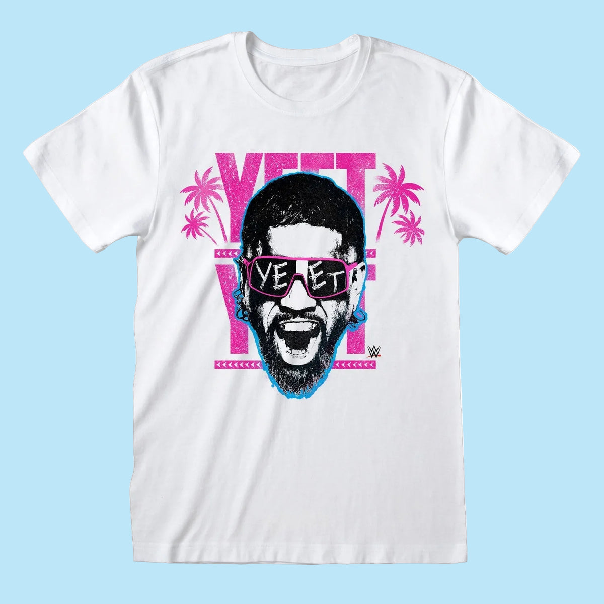 A white short-sleeve crewneck t-shirt featuring a graphic print of WWE Yeet