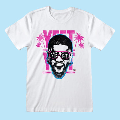 A white short-sleeve crewneck t-shirt featuring a graphic print of WWE Yeet