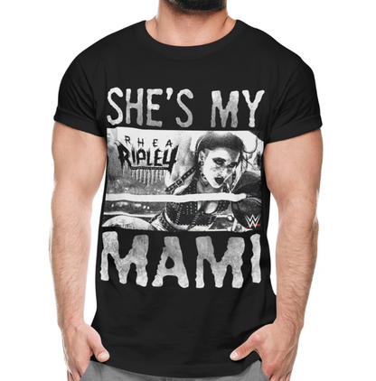 Person wearing a Black short sleeve t-shirt featuring in white print WWE Rhea Ripley graphics and She's My Mami text
