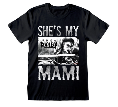 Black short sleeve t-shirt featuring in white print WWE Rhea Ripley graphics and She's My Mami text