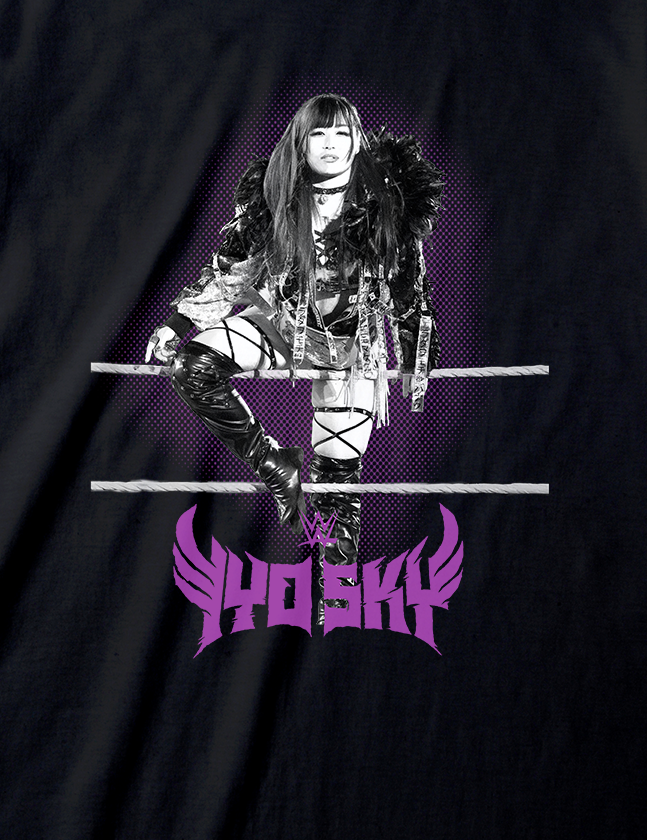 Black t-shirt with a graphic design of a person in a futuristic outfit and the word 'PHOSKY' on a white background.