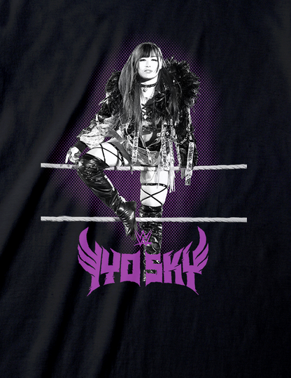 Black t-shirt with a graphic design of a person in a futuristic outfit and the word 'PHOSKY' on a white background.