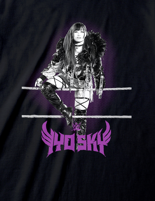 Black t-shirt with a graphic design of a person in a futuristic outfit and the word 'PHOSKY' on a white background.