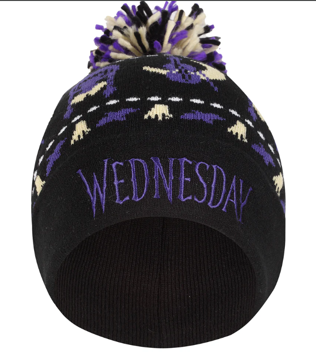 Official Black beanie with purple and white pattern and 'WEDNESDAY' text on a white background