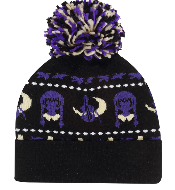 Official Wednesday Black beanie with purple and white patterns on a white background