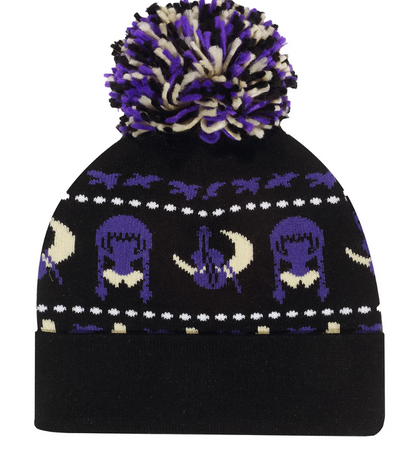 Official Wednesday Black beanie with purple and white patterns on a white background