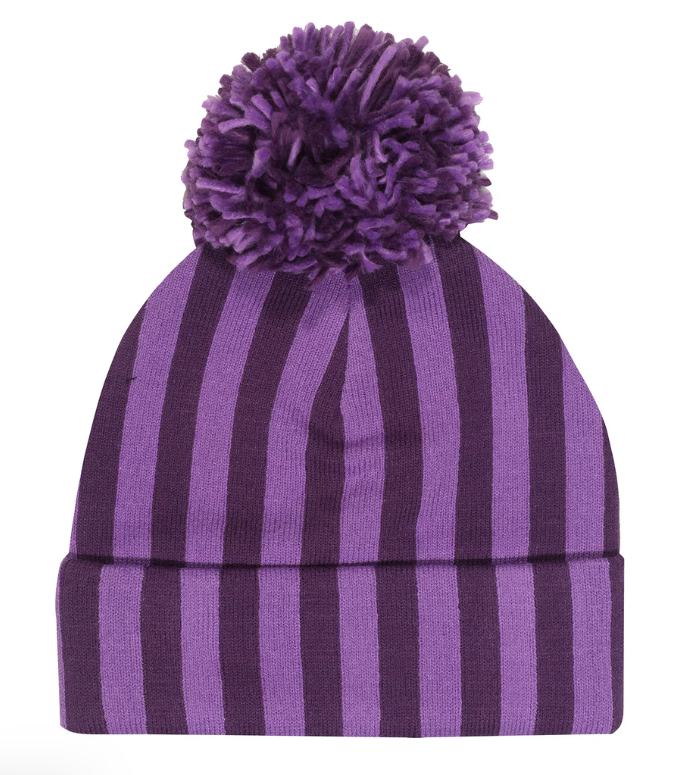 Official Wednesday Purple striped beanie with pom-pom and Nevermore logo on a white background