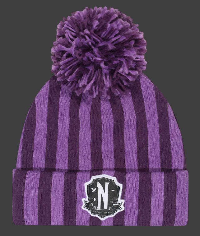 Official Wednesday Purple striped beanie with pom-pom and Nevermore logo on a white background