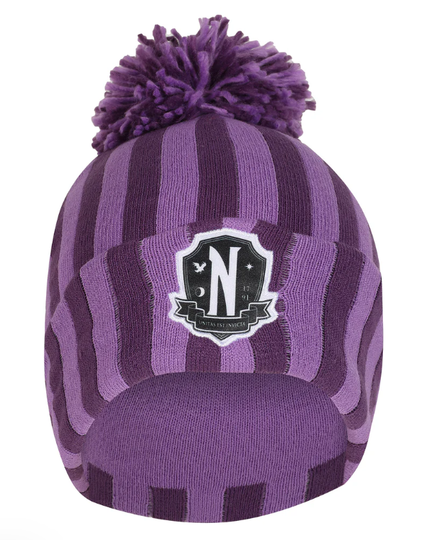 Official Wednesday Purple striped beanie with pom-pom and Nevermore logo on a white background