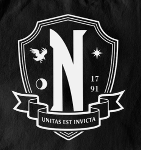 Official Wednesday Black t-shirt with a white Nevermore logo on a white background