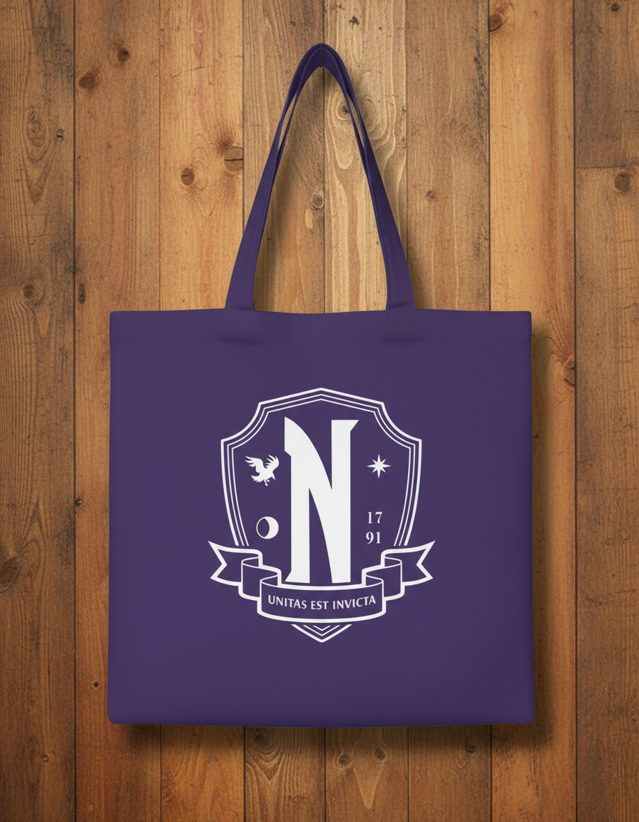 Wednesday Nevermore Purple tote bag with a white emblem featuring a letter 'N' 