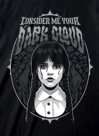 Official Wednesday Black t-shirt with a graphic of Wednesday with braided hair and text 'Consider me your dark cloud' on a black background.