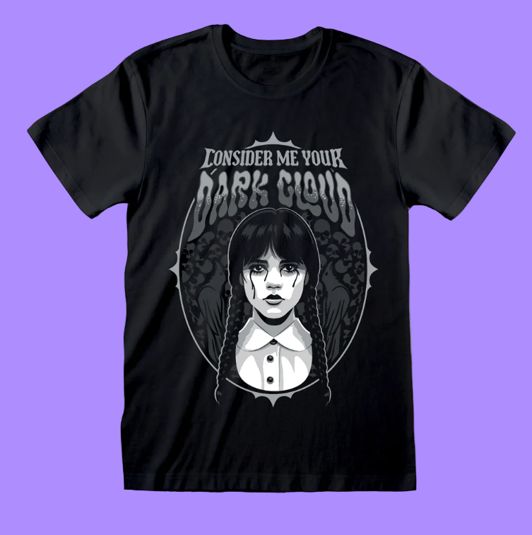 Black t-shirt with a graphic design of Wednesday character and text 'Consider me your dark cloud' 