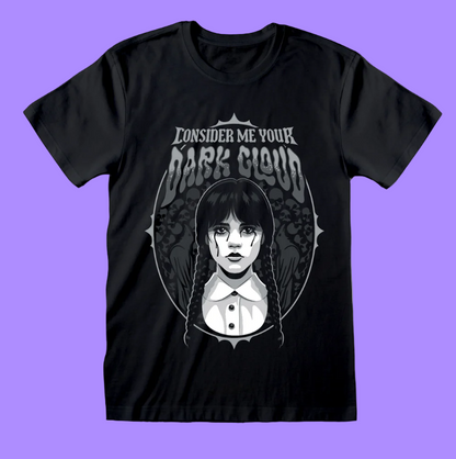 Black t-shirt with a graphic design of Wednesday character and text 'Consider me your dark cloud' 