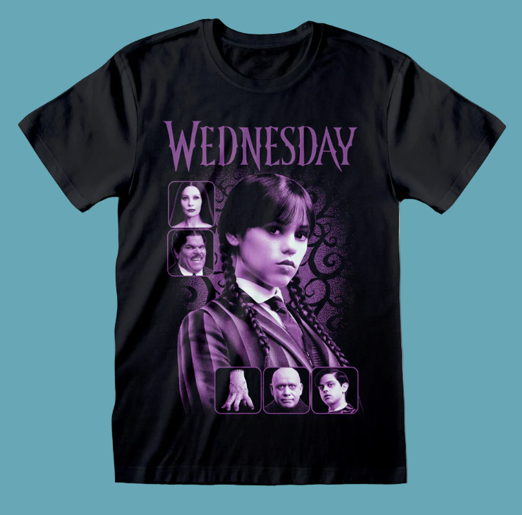 Official Black t-shirt with 'Wednesday' design featuring a Wednesday and Adams Family portraits in purple 