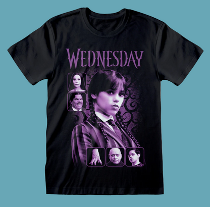 Official Black t-shirt with 'Wednesday' design featuring a Wednesday and Adams Family portraits in purple 