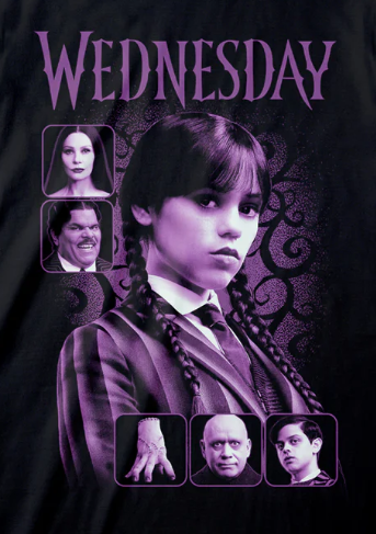 Official Black t-shirt with 'Wednesday' design featuring a Wednesday and Adams Family portraits in purple 
