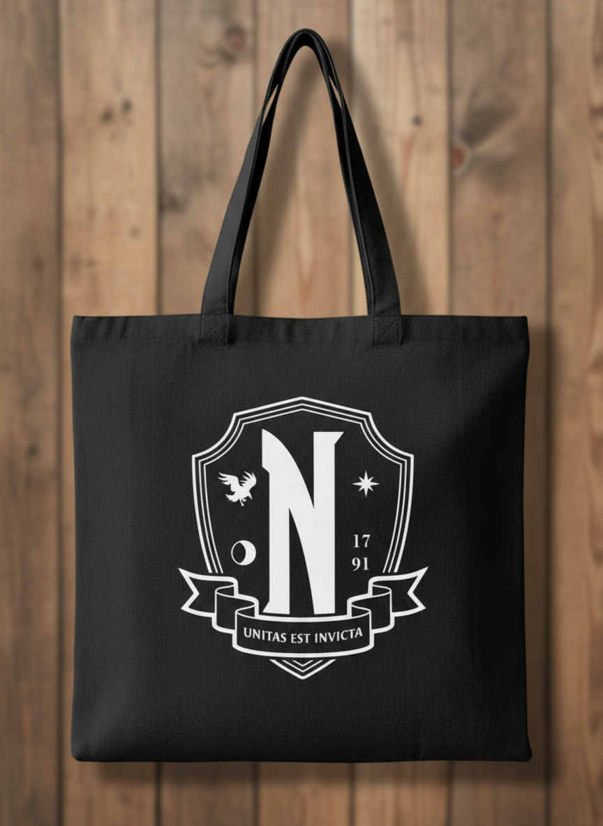 Wednesday Nevermore Black tote bag with white emblem and text 