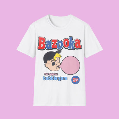 White t-shirt with Bazooka bubble gum graphic, retro nostalgia