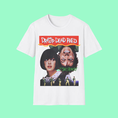 White t-shirt with 'Drop Dead Fred' graphic design featuring a movie poster style.