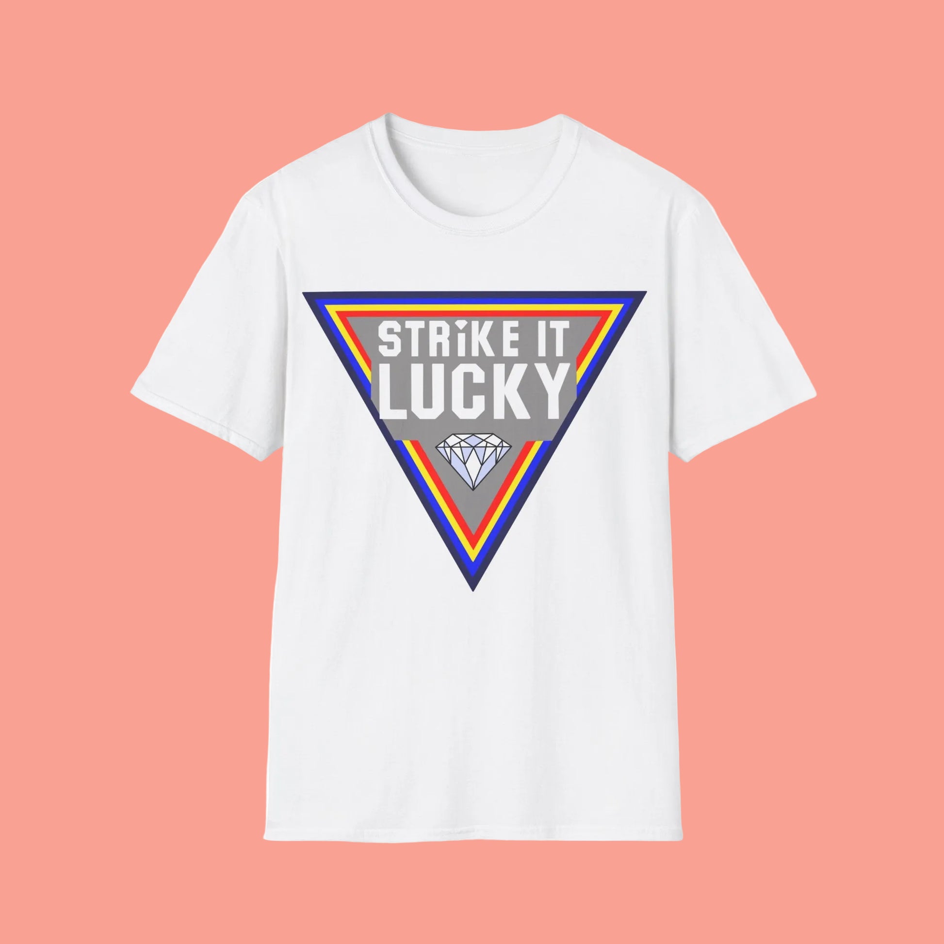 White t-shirt with 'Strike It Lucky' graphic design 