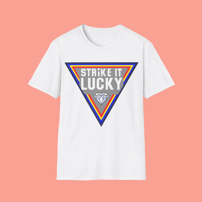White t-shirt with 'Strike It Lucky' graphic design 
