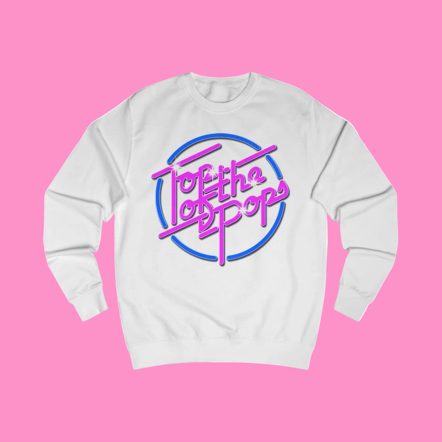 White  sweatshirt with 80s 'Top of the pops' text design