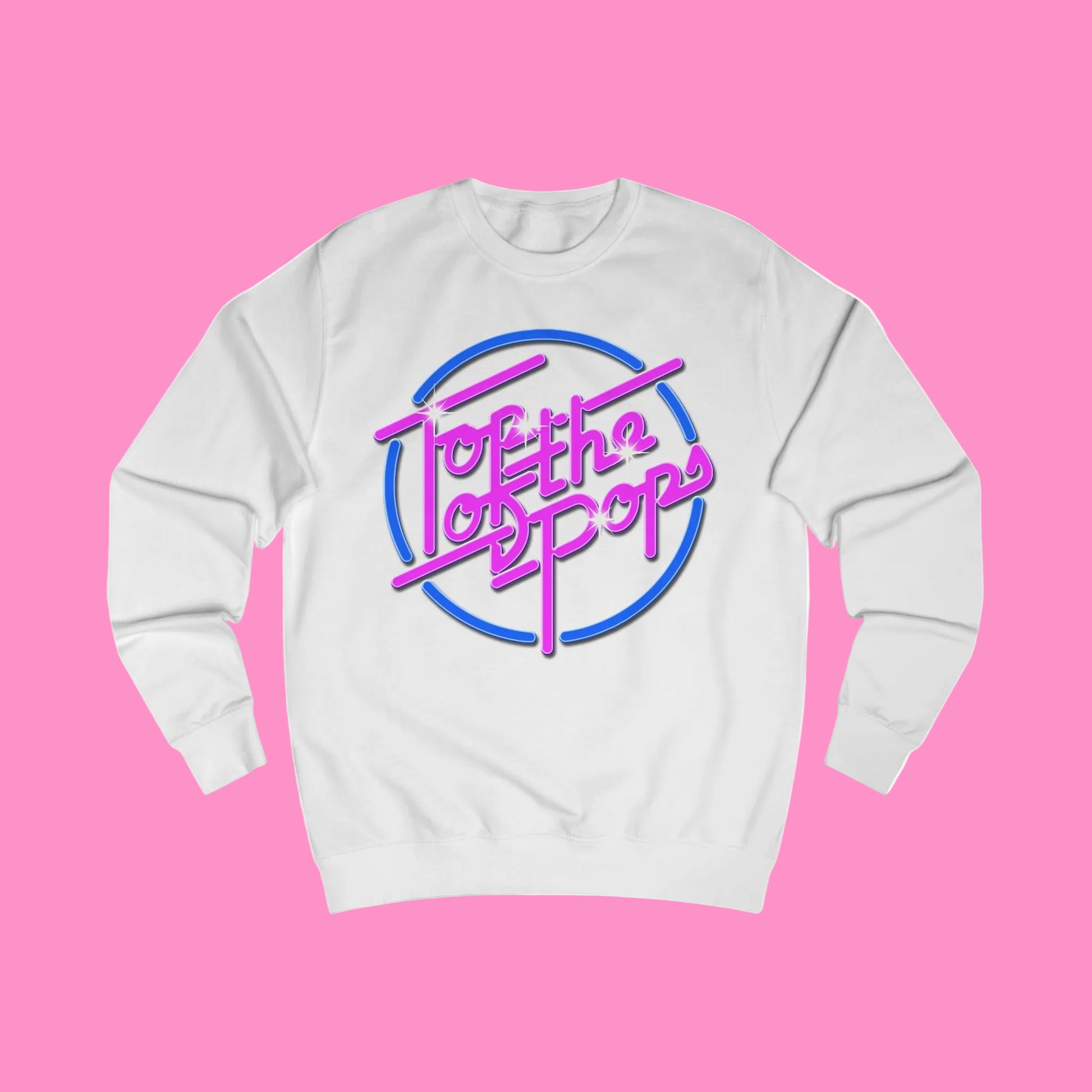 White  sweatshirt with 80s 'Top of the pops' text design
