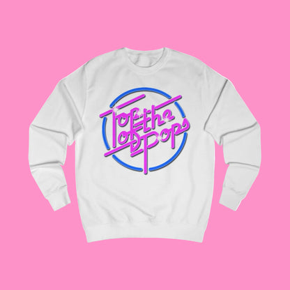 White  sweatshirt with 80s 'Top of the pops' text design