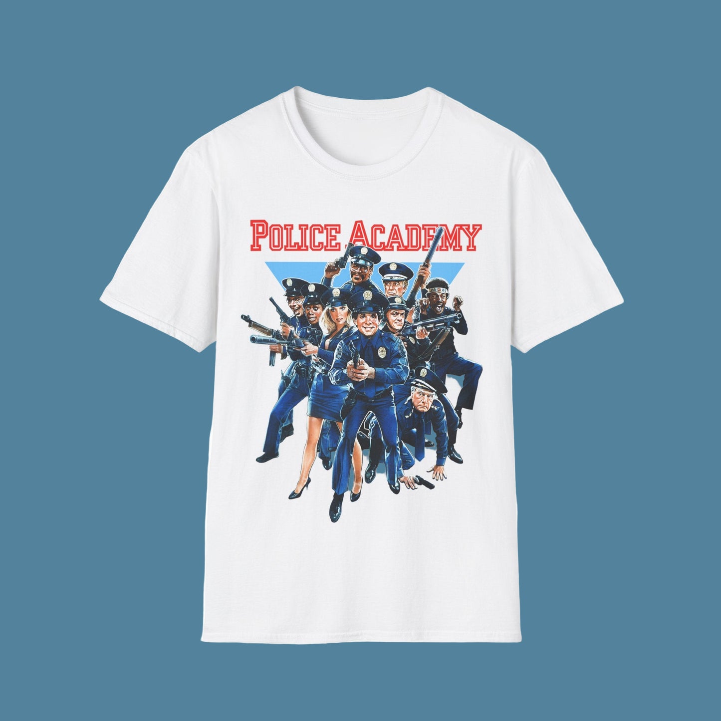 White t-shirt with 'Police Academy' graphic design featuring police officers and text.