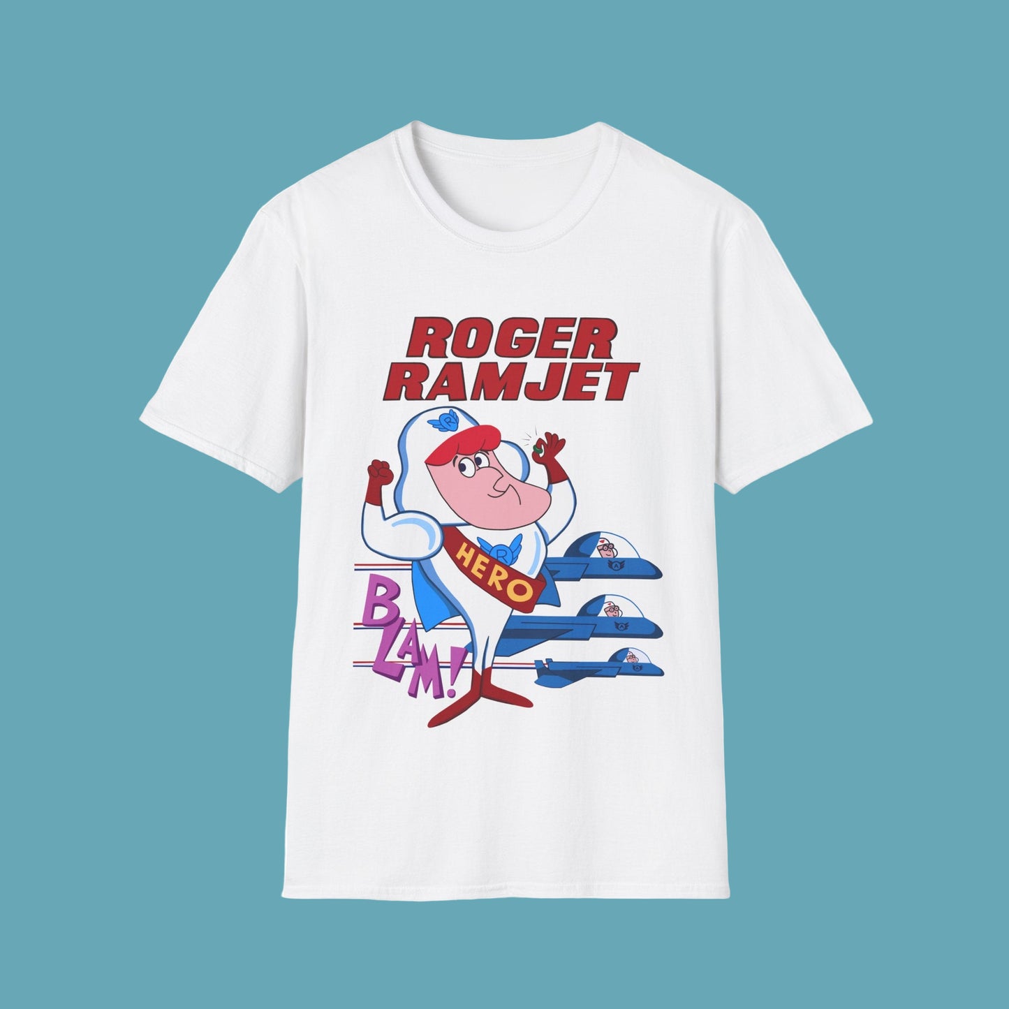 White t-shirt with cartoon character and text on a white background