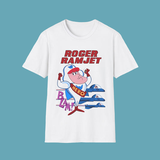 White t-shirt with cartoon character and text on a white background