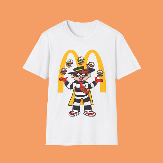 White t-shirt with a cartoon character and McDonald's logo on a white background