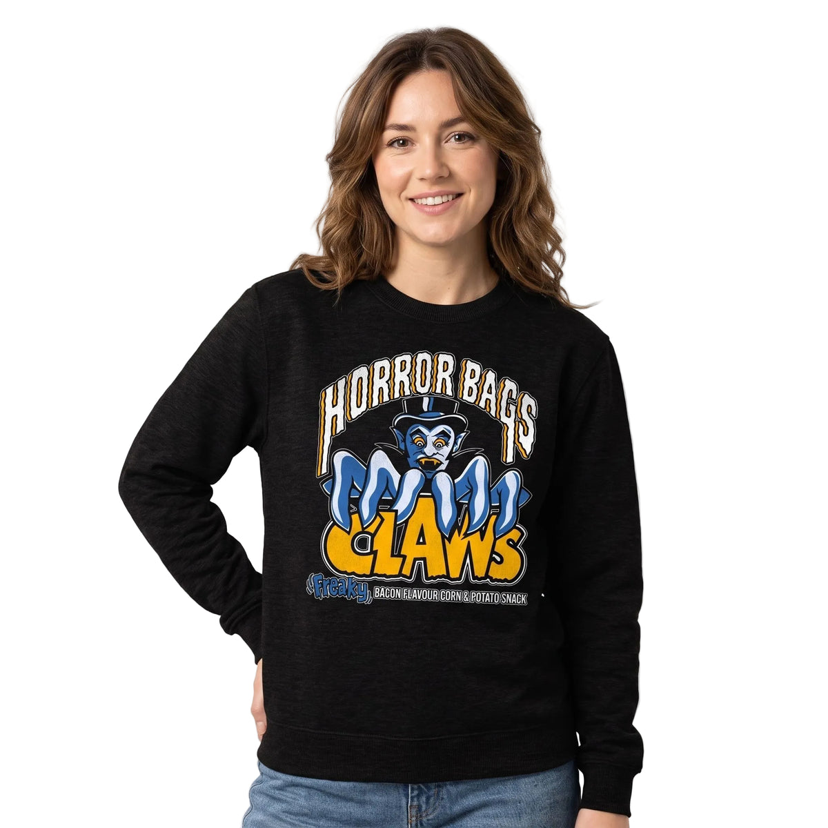 Woman wearing Black Smoke Horror Bags Claws sweatshirt