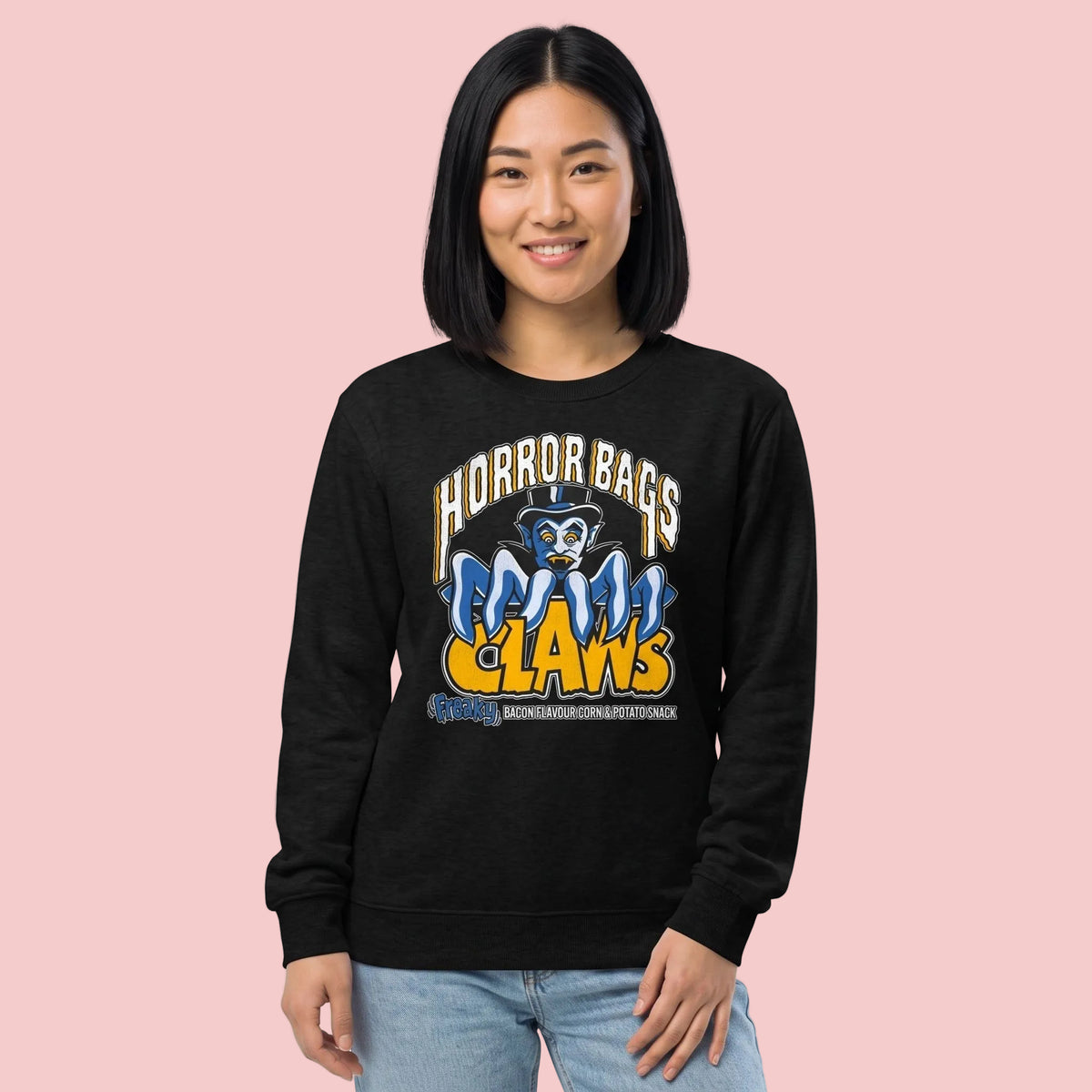Woman wearing Jet Black Horror Bags Claws sweatshirt