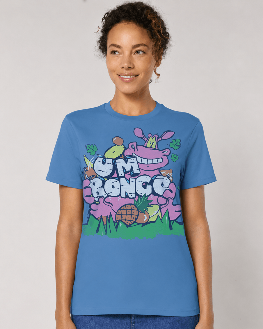 A woman wearing a blue short-sleeve graphic t-shirt with a colourful cartoon Hippo design that reads 'UM BONGO' on a light grey studio background.