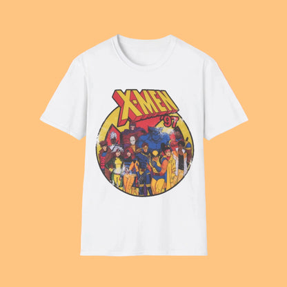 A white short-sleeve crewneck t-shirt featuring a colorful circular graphic print of the X-Men '97' comic book cover on the front, displayed against a solid white background.