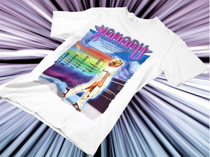 White t-shirt with a colourful graphic movie poster design 'Xanadu' text on a radial gradient background