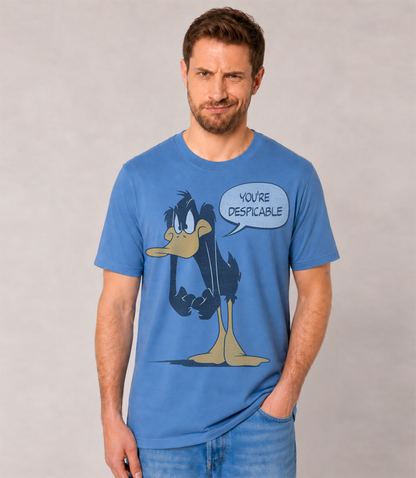 Man wearing a California blue short sleeve t-shirt with Daffy Duck cartoon character and text You're Despicable, Classic Looney Tunes