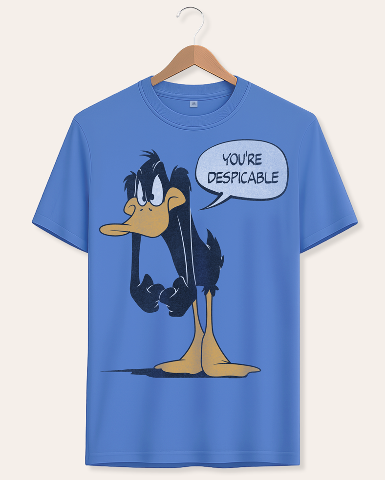 Official Looney Tunes California Blue short sleeve t-shirt with Daffy Duck cartoon character and text You're Despicable on a hanger against a cream background