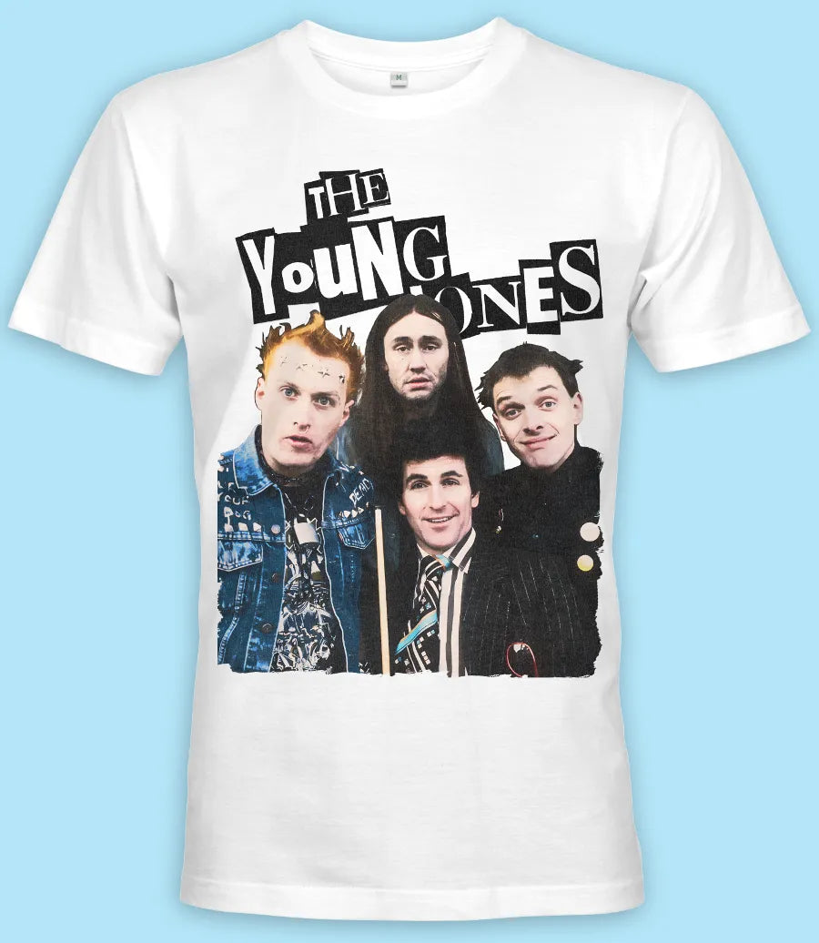 Retro Tees mens white cotton short sleeve t-shirt with The Young Ones cast stylized design