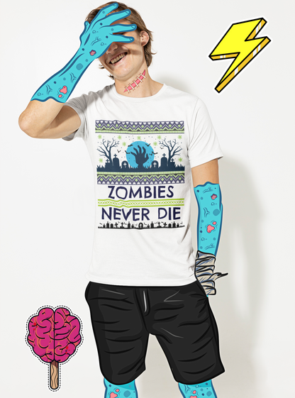 Person wearing a white t-shirt with 'Zombies Never Die' design, black shorts, and blue gloves with zombie hands on a white background.