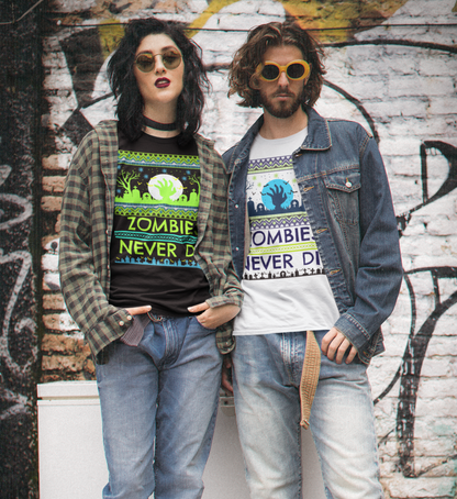 Two people wearing zombie-themed clothing in front of a graffiti-covered wall.