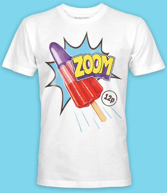 Mens short sleeve white short sleeve t-shirt featuring zoom ice lolly and zoom text