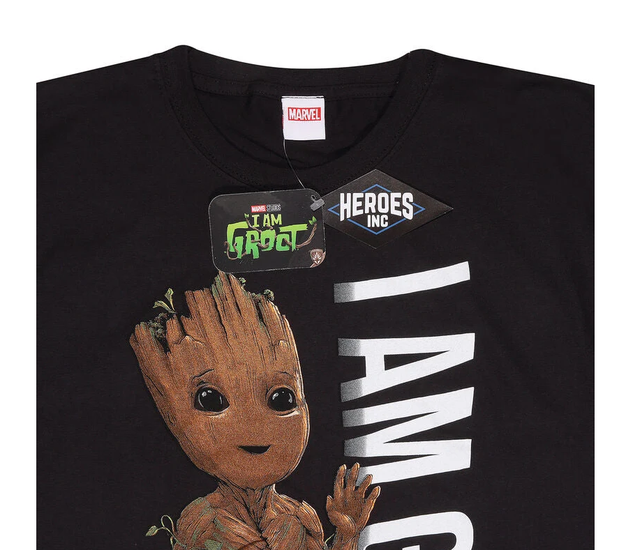A black Marvel Heroes Inc. t-shirt featuring a graphic of Baby Groot with large white 'I AM GROOT' text on the side.