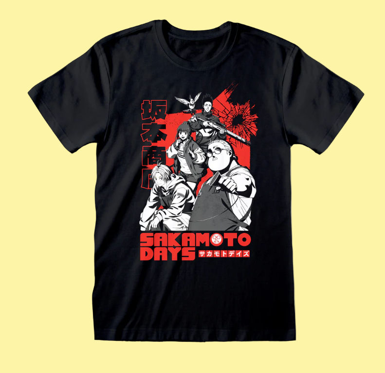 Black t-shirt with graphic design featuring Sakamoto Days characters and text on a white background