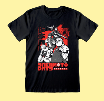 Black t-shirt with graphic design featuring Sakamoto Days characters and text on a white background