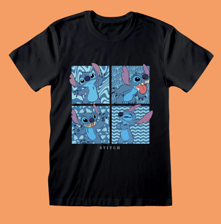Disney Black t-shirt with Stitch character design showing four unique expressions that perfectly show Stitch's character 